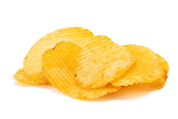 Delicious potato chips, isolated on white background with clipping path.