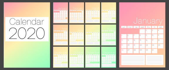 Calendar 2020. Simple Colorful Gradient minimal background. Calendar planner template. Week Starts on Sunday. Set of 12 Months. Vector