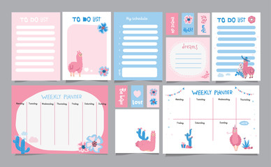 Set of planners and to do lists with simple scandinavian illustrations and trendy lettering with cacti and cute llama characters. Template for agenda, planners and other stationery. Isolated.