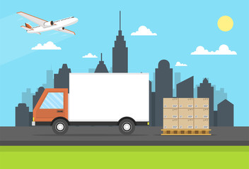 Fototapeta premium Delivery van with shadow and cardboard boxes on city background. Product goods shipping transport. Concept of the shipping service. Vector illustration.