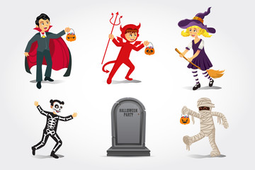 Cartoon happy kids in halloween costume with old gravestone isolated on white background