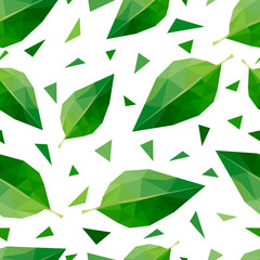 Colorful seamless pattern of green polygonal leaves and triangles on white background