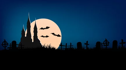 Fototapeten Halloween background. Full moon in the dark night with bats. Abandoned cemetery. Vector illustration. Night castle lit by the full moon. © SlowMotionSky