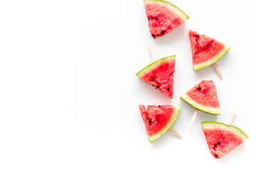 Popsicle from fresh watermelon on white background top view space for text