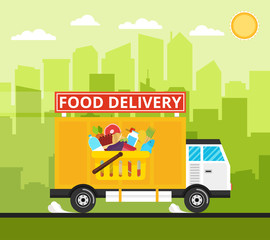 Food truck of delivery rides at high speed. City skyscrapers, clouds and sun on the background. Flat vector illustration.