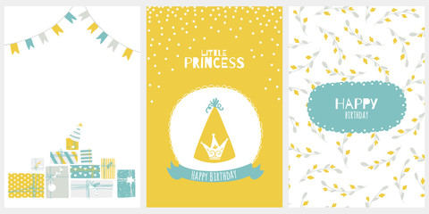 Happy birthday greeting card for little princess. Vector illustration in cartoon scandinavian style. Stylish limited palette.