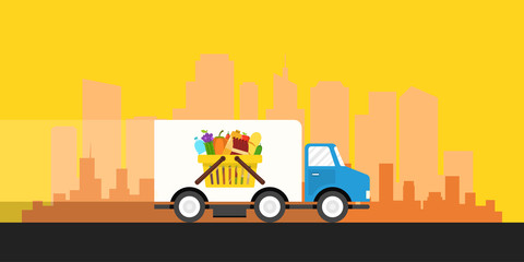 Food truck of delivery rides at high speed. City skyscrapers on the background. Flat cartoon style. Vector illustration.