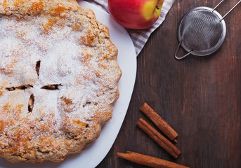 Delicious traditional homemade apple pie powdered with icing sugar