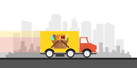 Food truck of delivery rides at high speed. City skyscrapers on the background. Flat cartoon style. Vector illustration.