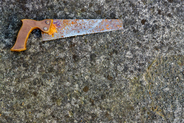 Detail of an old concrete wall covered with lichens, with an old rusty handmade wood peak. Background. Vintage.