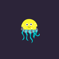 Vector illustration of jellyfish. Cute cartoon character is isolated on dark blue.