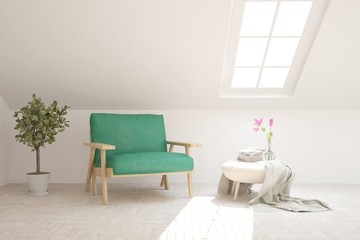 Fototapeta na wymiar Stylish room in white color with armchair. Scandinavian interior design. 3D illustration