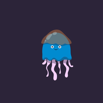 Vector illustration of jellyfish. Cute cartoon character is isolated on dark blue.