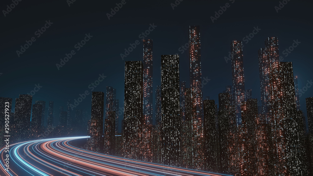 Poster 3d rendering of abstract highway path through digital binary towers in city. concept of big data, ma