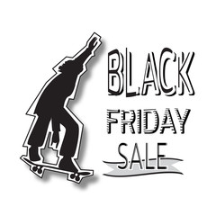 Obraz premium Silhouette of young guy on skateboard. Banner for sale of sporting goods on black friday. Template for use on flyer, poster, booklet. Vector