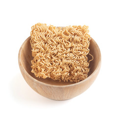 Instant noodles in a wooden bowl Isolated on white