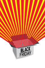 Black friday sale banner. Red radial rays fly out of box. Banner for sale with space for text. Template for use on flyer, poster, booklet. Vector