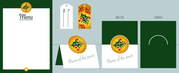 Collection de gabarits fond vert, pour décorer votre table de Noël - illustrés d’une feuille de houx.