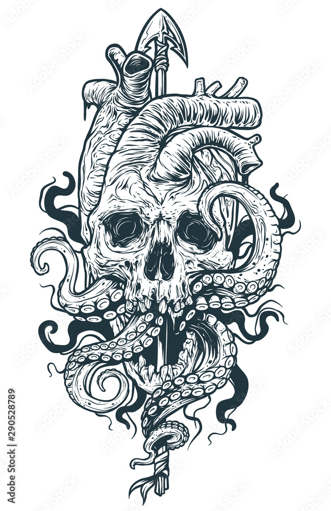 Wall mural graphic black and white detailed realistic human heart shaped skull with octopus tentacles on metal 