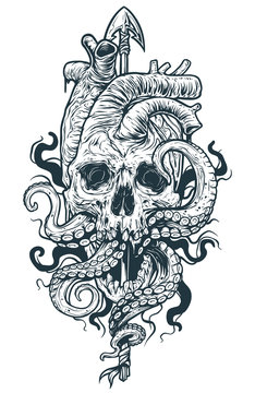 Buy Octopus Print Skull Tattoo Flash Sheet Nautical Flash Online in India   Etsy