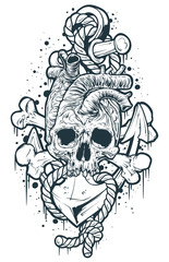 Graphic black and white detailed realistic human heart shaped skull with rope and anchor. Isolated on white background. Tattoo outline. Vector icon.