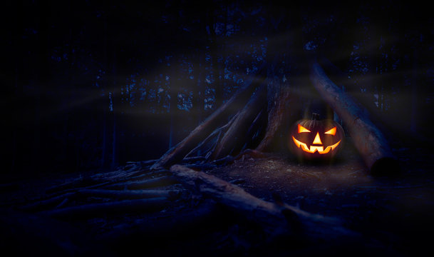 A single halloween Jack O Lantern hiding in a wood shelter, campsite on the forest floor on the right side of frame with space for text on the left.