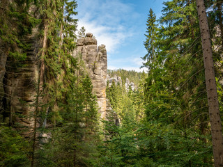 Fototapeta na wymiar View of famous sandstone rock towers of Adrspach and Teplice Rocks and ancient pines growing between them. Adrspach National Park in northeastern Bohemia, Czech Republic, Europe 