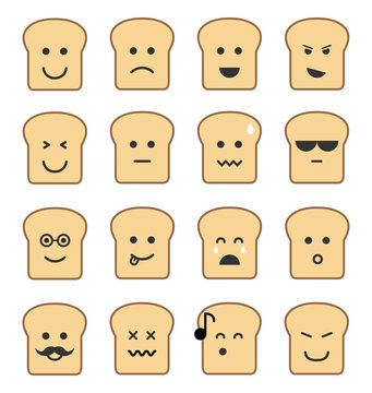Emoji bread set. Bread icon on the white background. Flat cartoon style. Vector illustration.