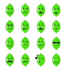 Emoji lime set. Lime icons on the white background. Flat cartoon style. Vector illustration.