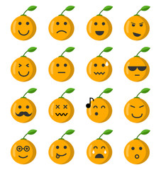 Emoji orange set. Orange icons on the white background. Flat cartoon style. Vector illustration.