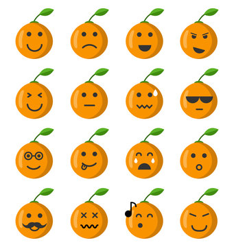 Emoji orange set. Orange icons on the white background. Flat cartoon style. Vector illustration.