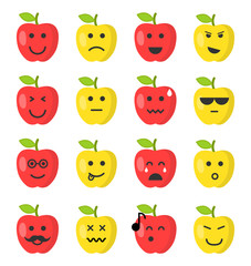 Emoji apple set. Apple icons on the white background. Flat cartoon style. Vector illustration.