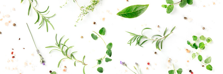 Culinary herbs and spices, shot from above on a white background, cooking pattern, a flat lay panorama - obrazy, fototapety, plakaty