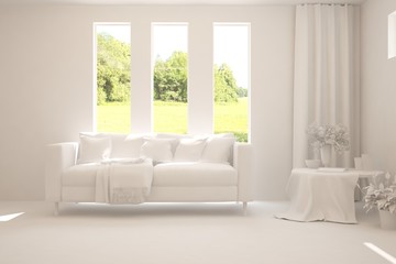Mock up of stylish room in white color with sofa and green landscape in window. Scandinavian interior design. 3D illustration