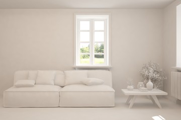 Mock up of stylish room in white color with sofa. Scandinavian interior design. 3D illustration