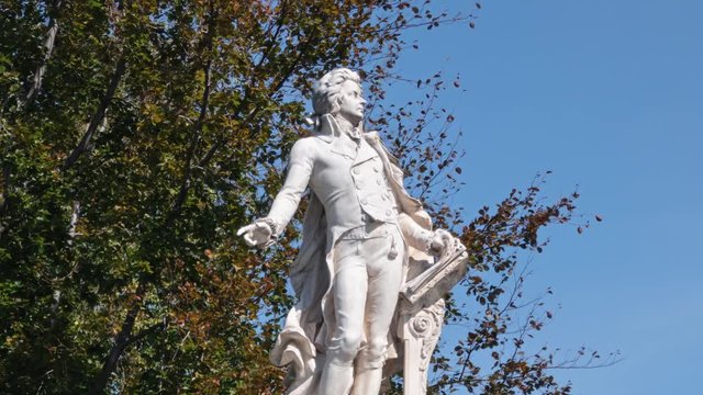 Close-up hyperlapse of Mozart Monument (Mozart-Denkmal) in the Burggarten, Vienna, Austria.