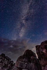 View of the milky way galaxy in the blue sky above the clouds and rocks