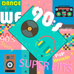 Retro-style club, background, fashion, pop music of the 90's and 80's, the old night. Easy editable design for Memphis posters. Flat style. Vector illustration
