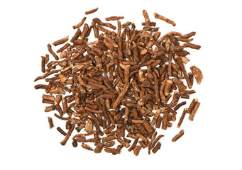 Dried medicinal herbs raw materials isolated on white. Root of Taraxacum