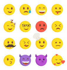 Fototapeta premium High quality collection of 16 icon of cartoon emoji. Flat vector illustration.
