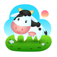 Cute cow cartoon in the meadow, Animal alphabet.