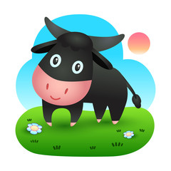 Cute buffalo cartoon in the meadow, Animal alphabet.