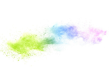 Freeze motion of colorful color powder exploding on white background.  Paint Holi.