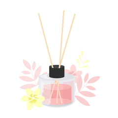 Aroma diffuser. Glass jar with aroma sticks with flowers and plants. Isolated vector illustration