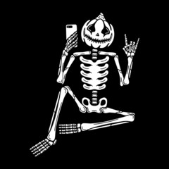 Halloween pumpkin skeleton on black background