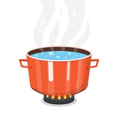 Boiling water in pan. Cooking pot on stove with water and steam. Flat cartoon style. Vector illustration.