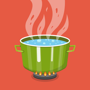 Boiling water in pan. Cooking pot on stove with water and steam. Flat cartoon style. Vector illustration.