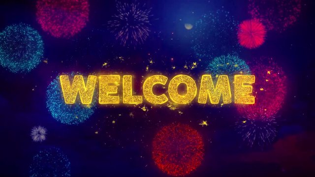 Welcome Text on Colorful Firework Explosion Particles. Sale, Discount Price, Off Deals, Offer promotion offer percent discount ads 4K Loop Animation.