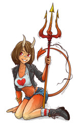 Cartoon colorful smiling sexy devil girl character with horns, tail and trident. Isolated on white background. Anime style. Halloween vector icon.
