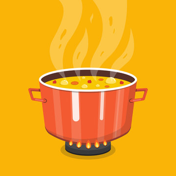 Cooking soup in pan. Pot on stove with steam. Flat cartoon style. Vector illustration.
